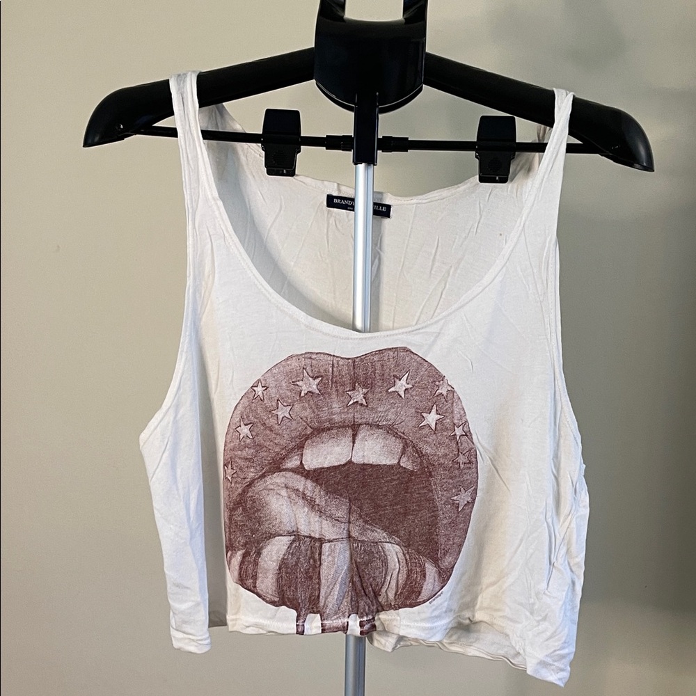 Brandy Melville White Tank with Starry Mouth Graphic